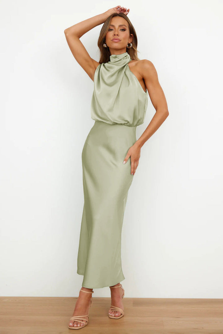 Olivia - Long Satin Hatler Neck Dress