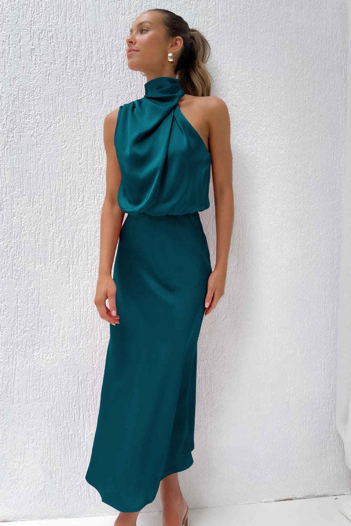 Olivia - Long Satin Hatler Neck Dress