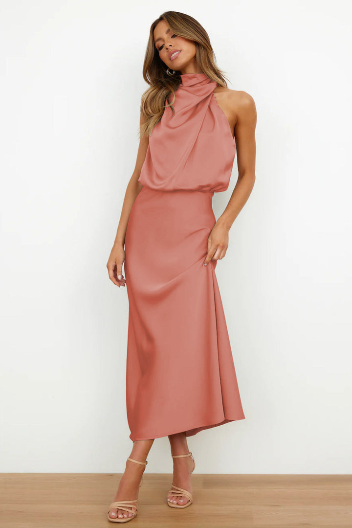 Olivia - Long Satin Hatler Neck Dress