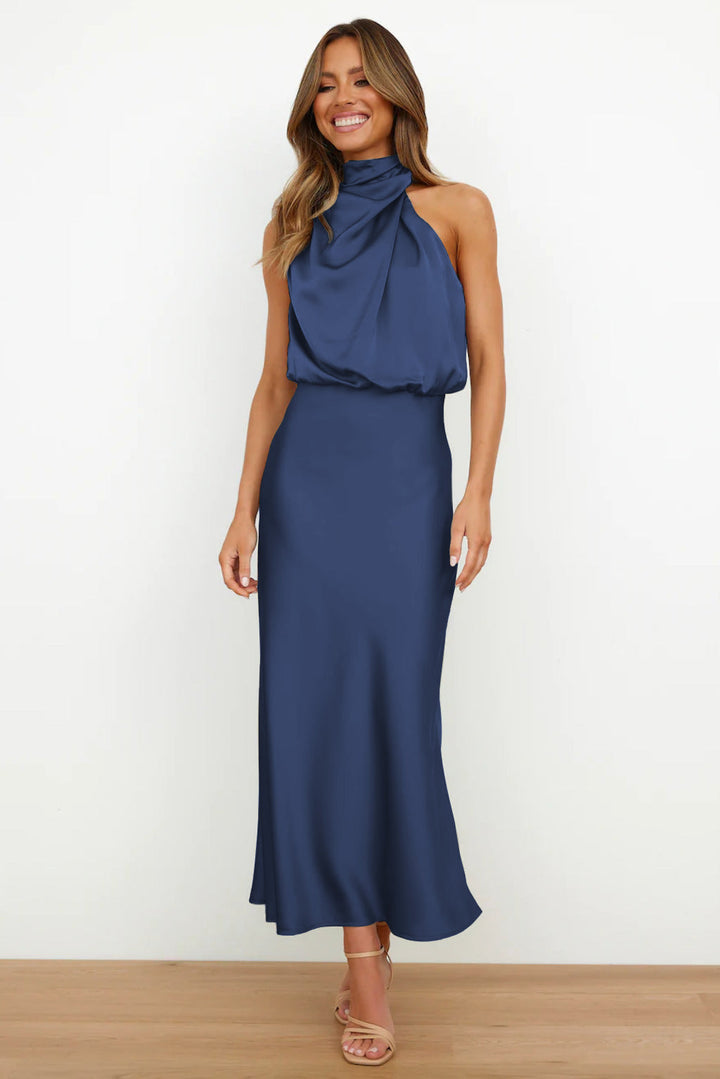 Olivia - Long Satin Hatler Neck Dress