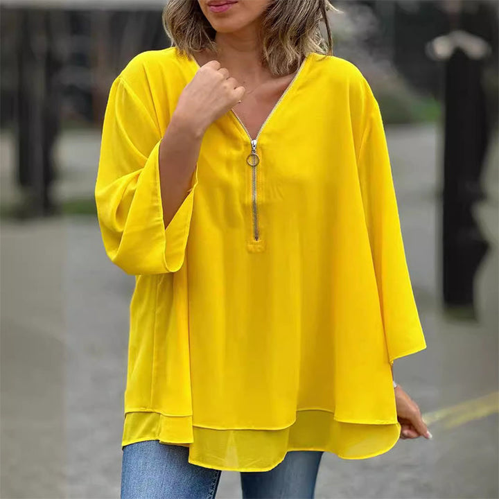 Katie™ - Chic V-Neck Chiffon Zipper Top