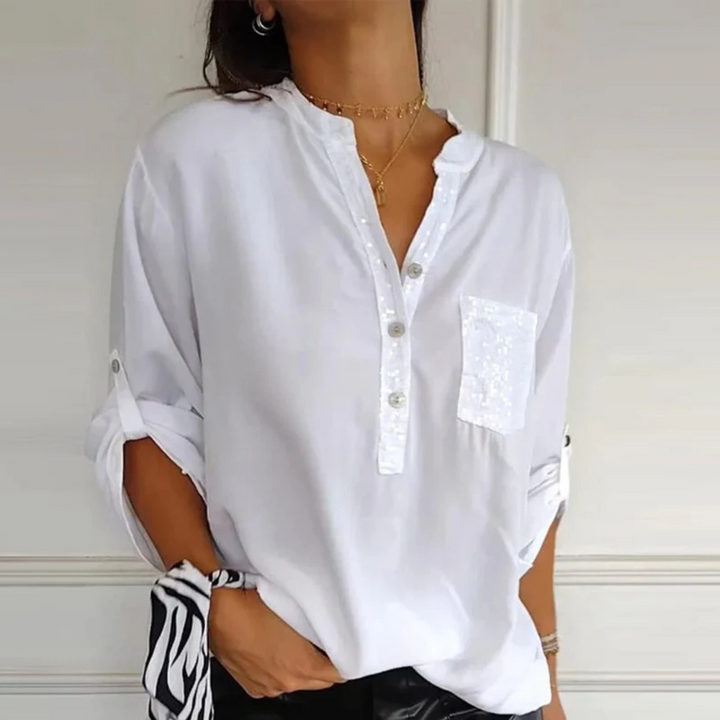 Elle - Long Sleeve Shirt with Pocket and Sequin Details