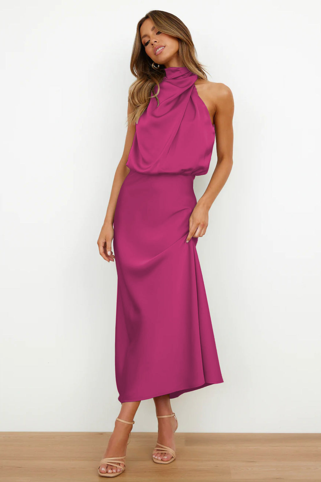 Olivia - Long Satin Hatler Neck Dress