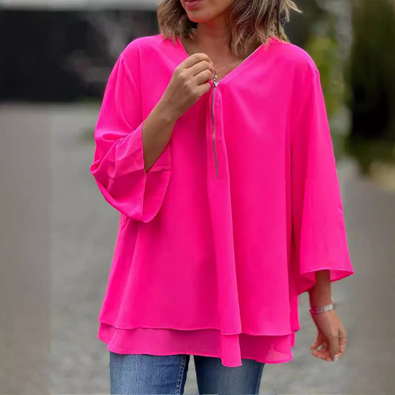 Katie™ - Chic V-Neck Chiffon Zipper Top