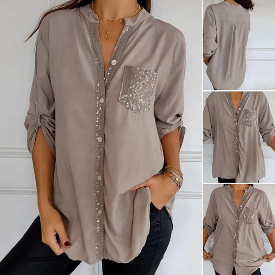 Elle - Long Sleeve Shirt with Pocket and Sequin Details