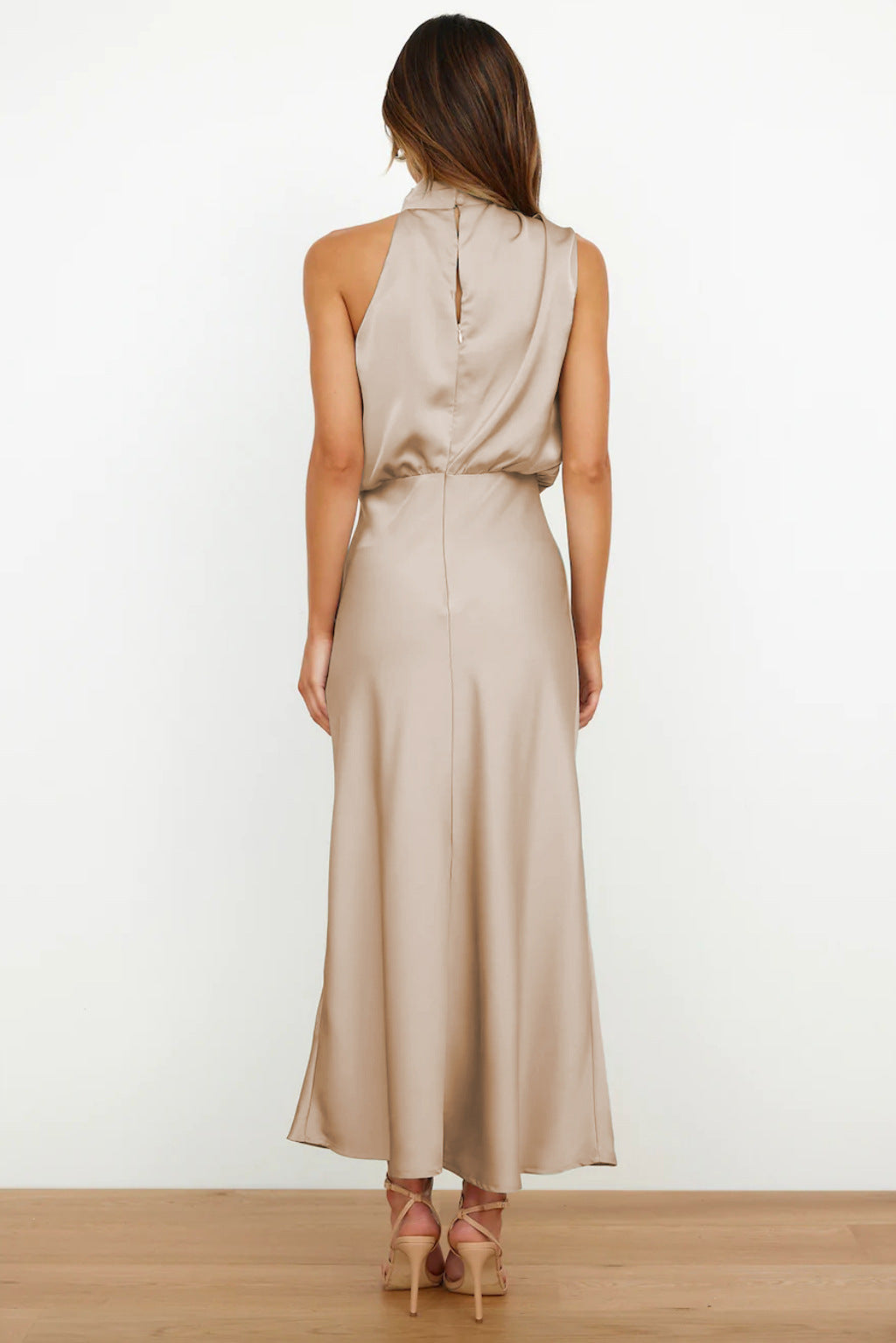 Olivia - Long Satin Hatler Neck Dress