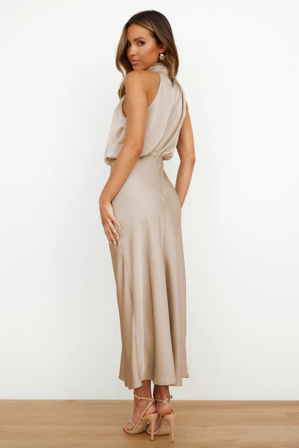 Olivia - Long Satin Hatler Neck Dress