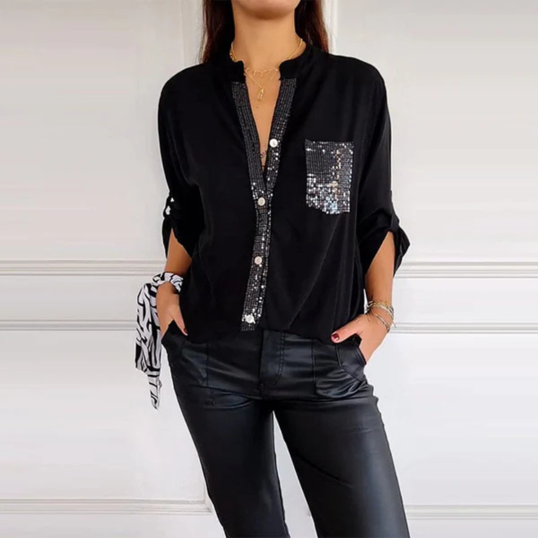 Elle - Long Sleeve Shirt with Pocket and Sequin Details