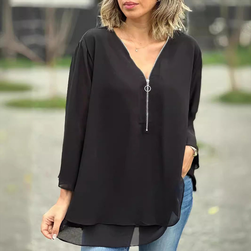 Katie™ - Chic V-Neck Chiffon Zipper Top