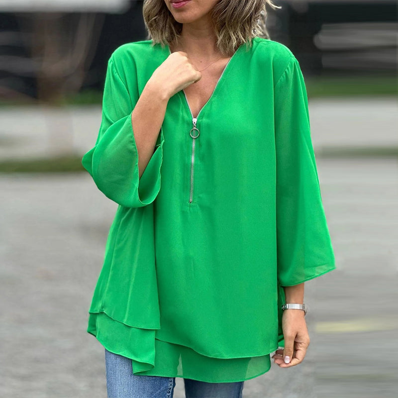 Katie™ - Chic V-Neck Chiffon Zipper Top