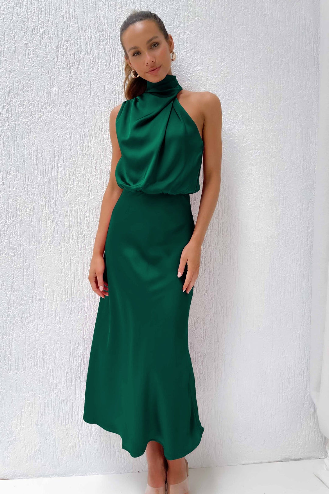 Olivia - Long Satin Hatler Neck Dress