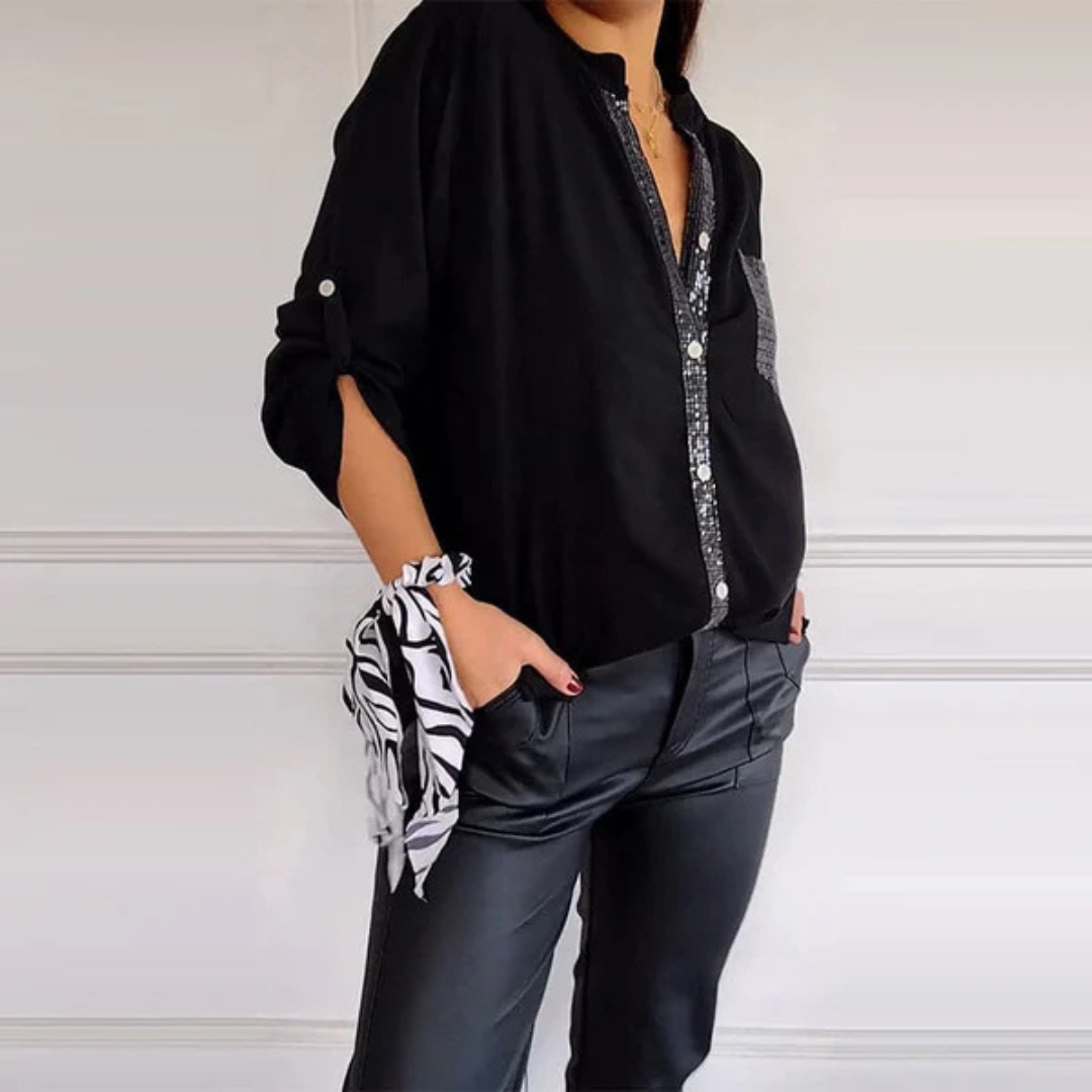 Elle - Long Sleeve Shirt with Pocket and Sequin Details