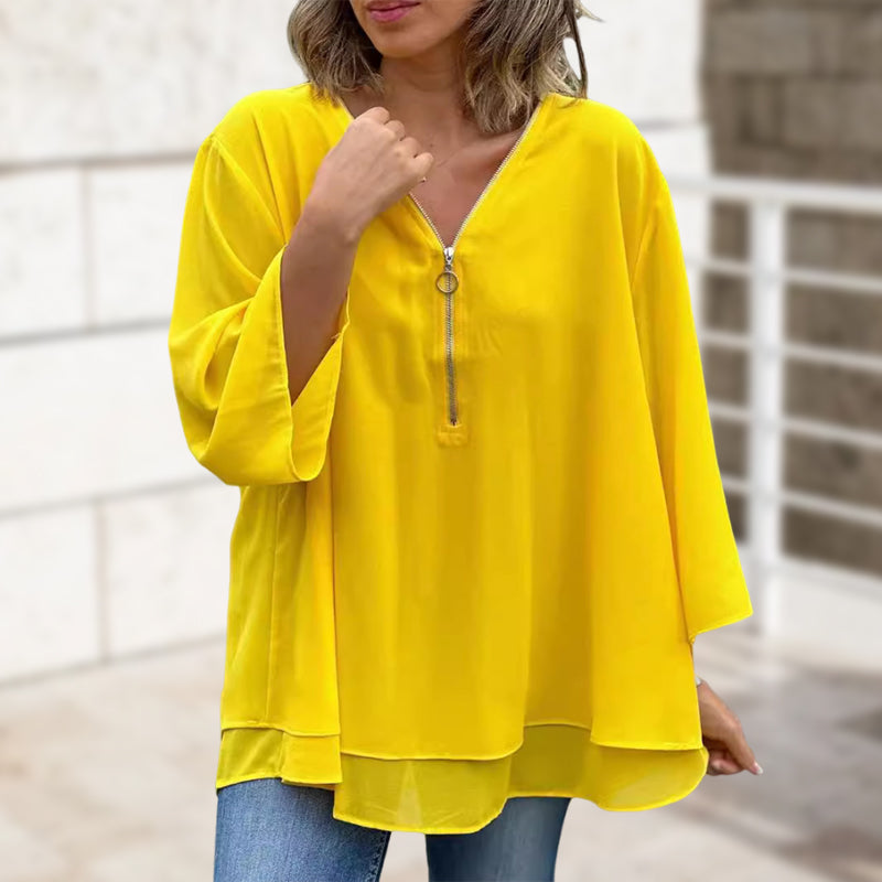 Katie™ - Chic V-Neck Chiffon Zipper Top