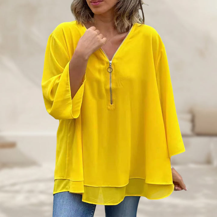 Katie™ - Chic V-Neck Chiffon Zipper Top