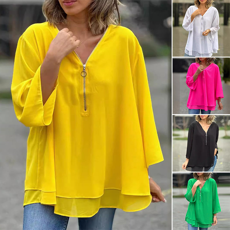 Katie™ - Chic V-Neck Chiffon Zipper Top