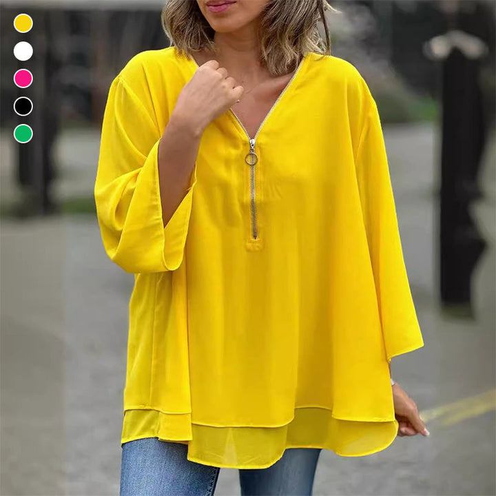 Katie™ - Chic V-Neck Chiffon Zipper Top