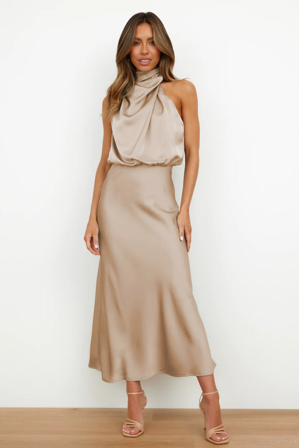 Olivia - Long Satin Hatler Neck Dress