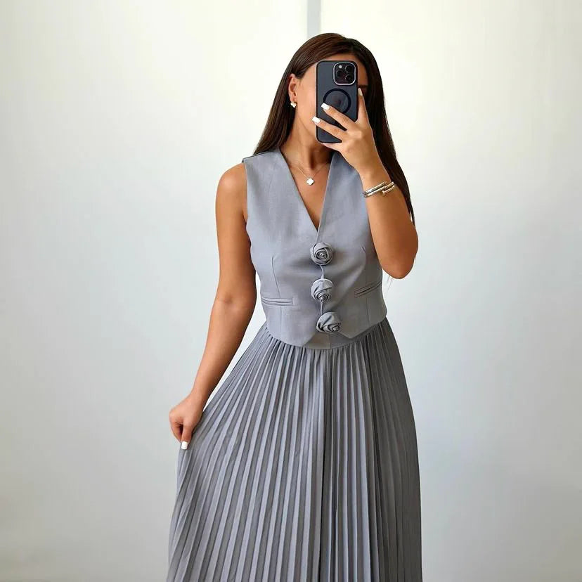 Crystal - Top with Flower Details and Pleated Skirt