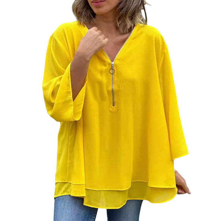 Katie™ - Chic V-Neck Chiffon Zipper Top