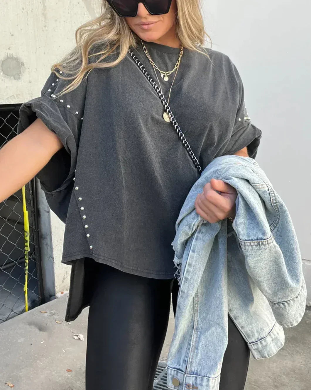 Cassia™ | Trendy Oversized Studded Tee for a Chic Look