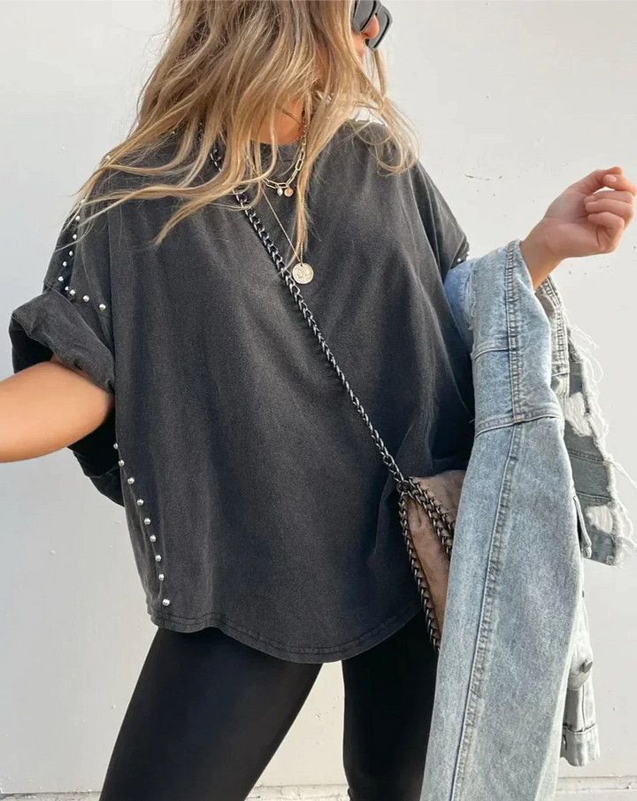 Cassia™ | Trendy Oversized Studded Tee for a Chic Look