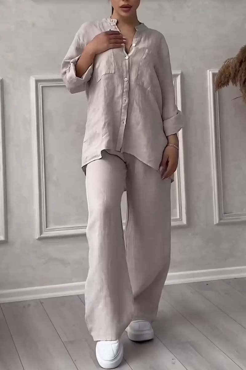 Kara - Stylish Cotton & Linen Two-Piece Ensemble - Chic Shirt and Pants Combo