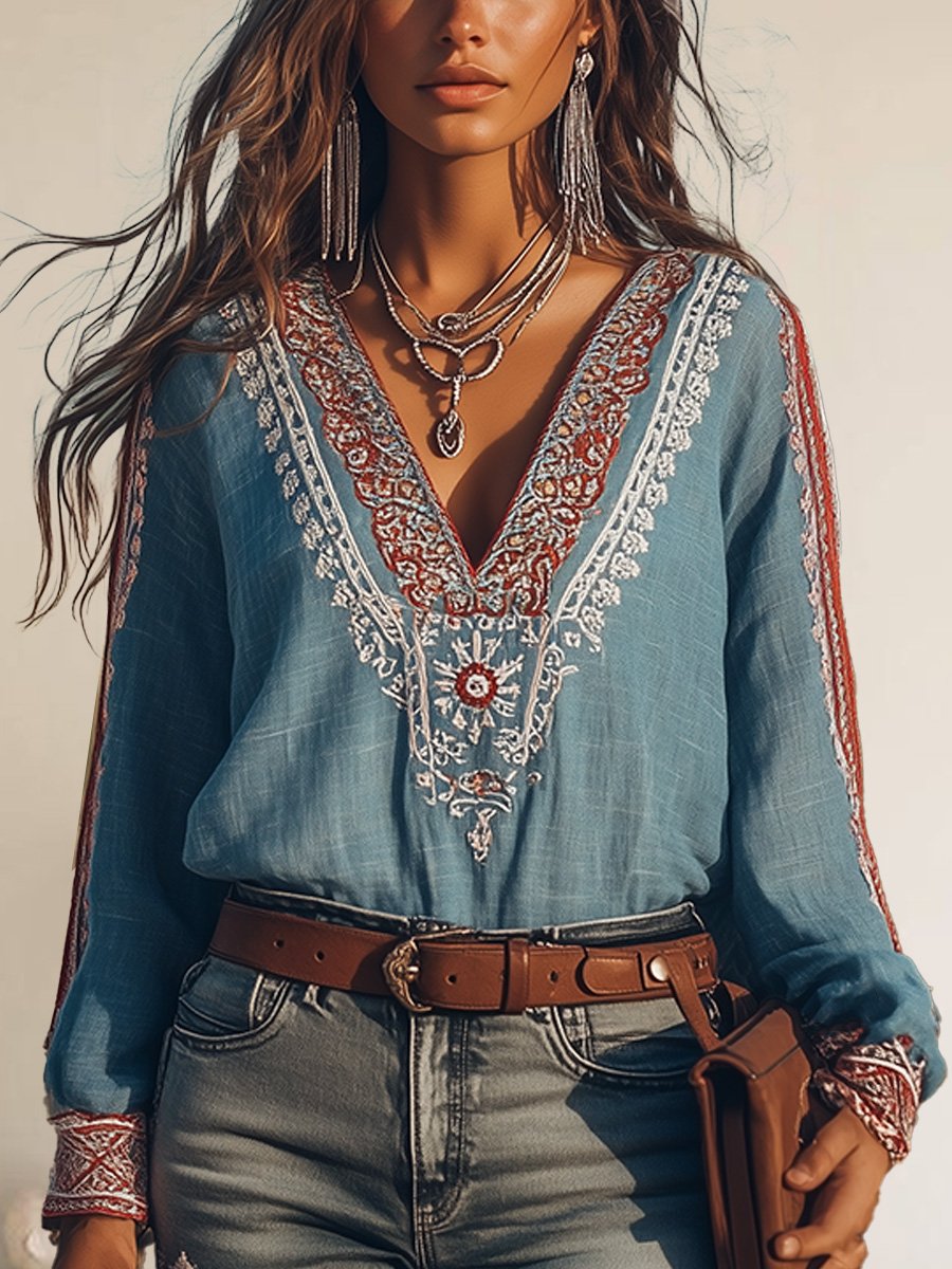 Jessica - Boho Embroidered V-Shirt