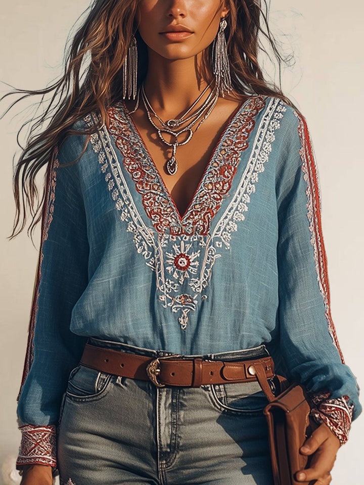 Jessica - Boho Embroidered V-Shirt