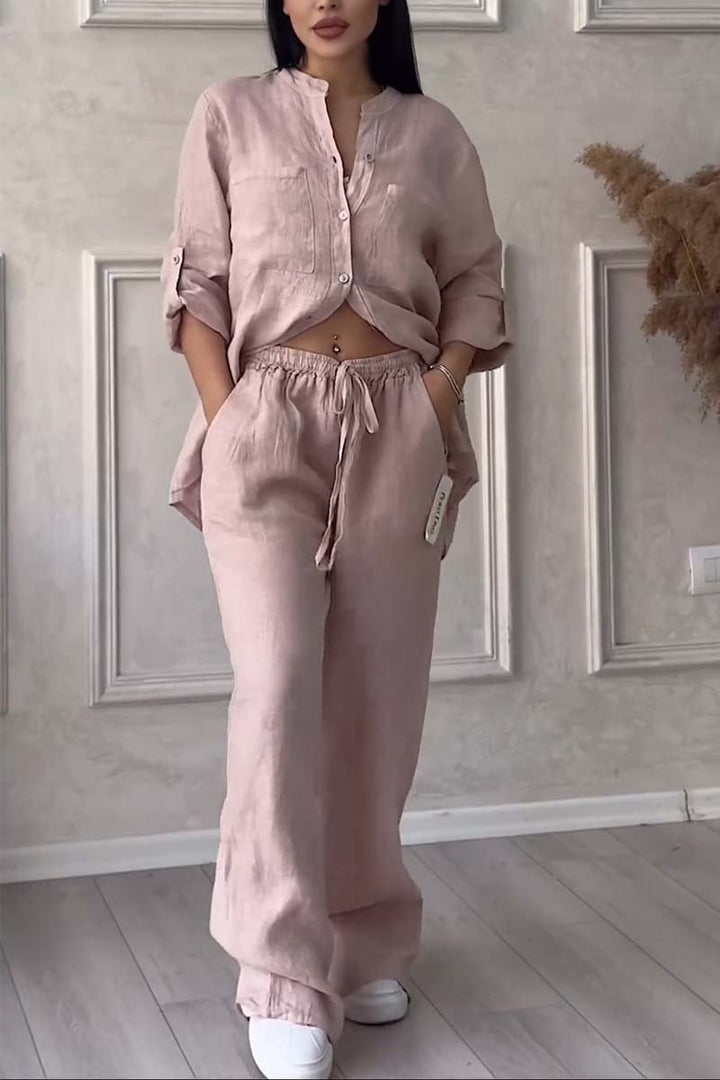 Kara - Stylish Cotton & Linen Two-Piece Ensemble - Chic Shirt and Pants Combo