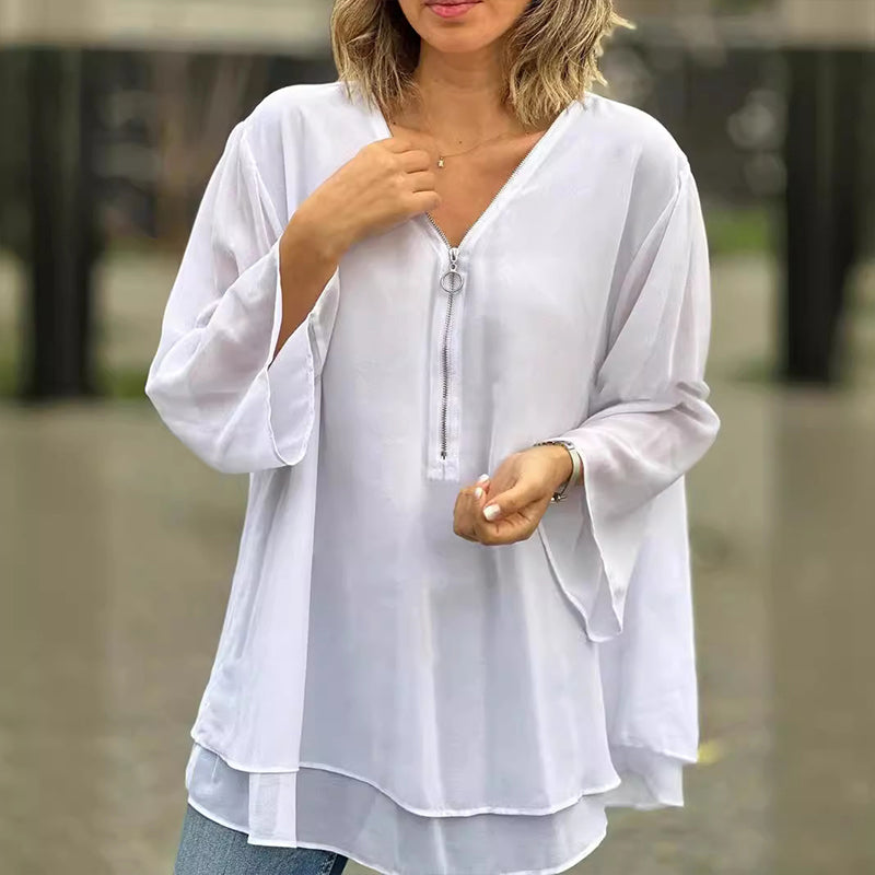 Katie™ - Chic V-Neck Chiffon Zipper Top